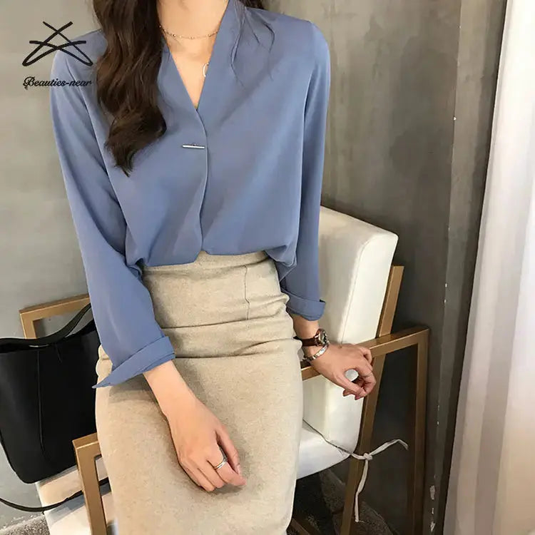 Plain ladies' blouses chiffon tops casual shirts women v neck office formal business lady blouse My Store