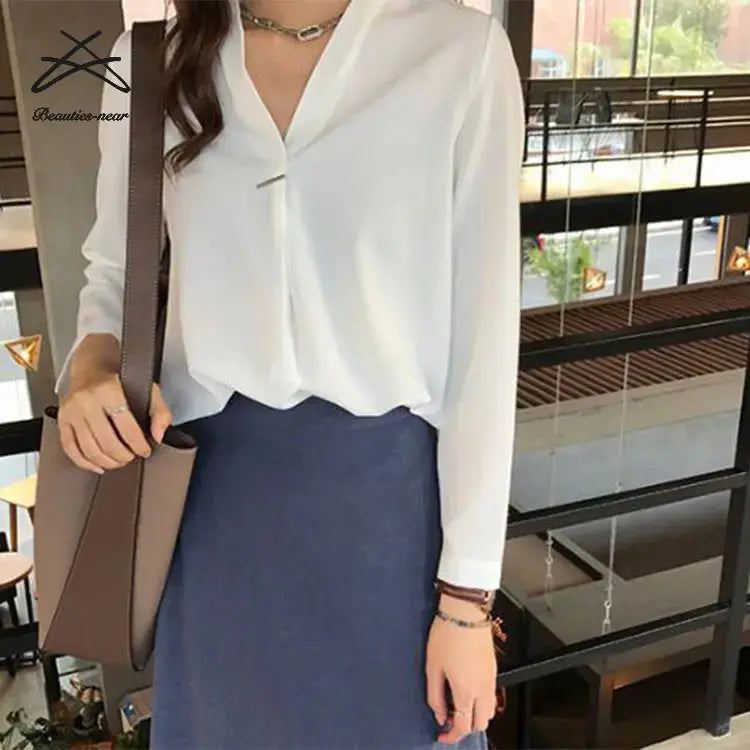 Plain ladies' blouses chiffon tops casual shirts women v neck office formal business lady blouse My Store