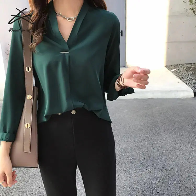 Plain ladies' blouses chiffon tops casual shirts women v neck office formal business lady blouse My Store