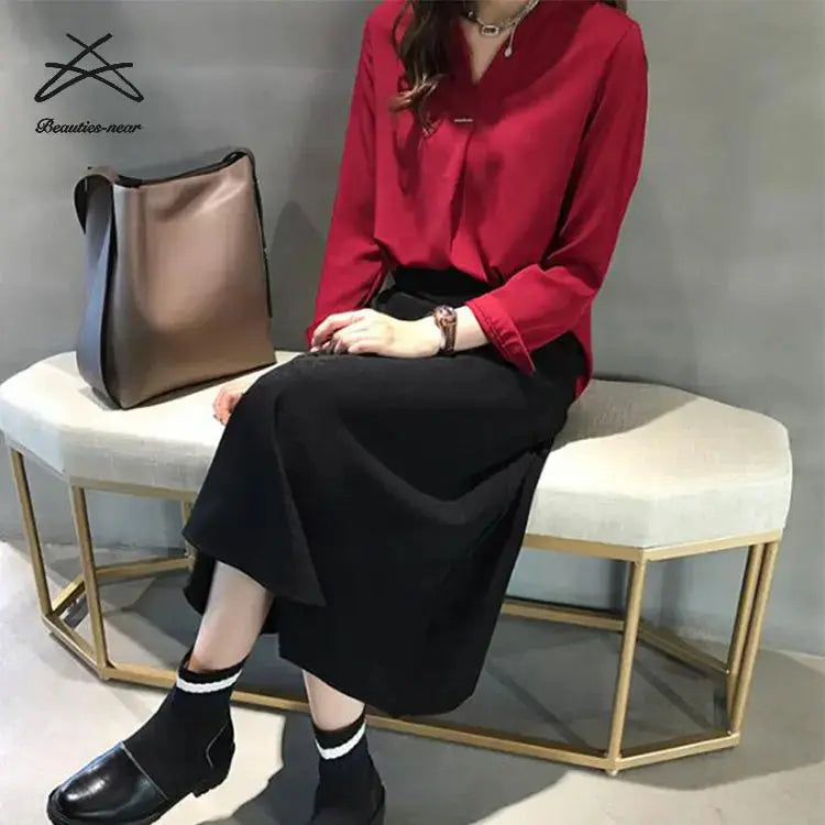 Plain ladies' blouses chiffon tops casual shirts women v neck office formal business lady blouse My Store