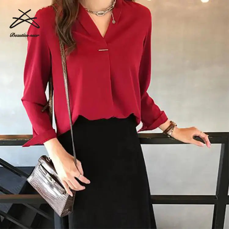 Plain ladies' blouses chiffon tops casual shirts women v neck office formal business lady blouse My Store