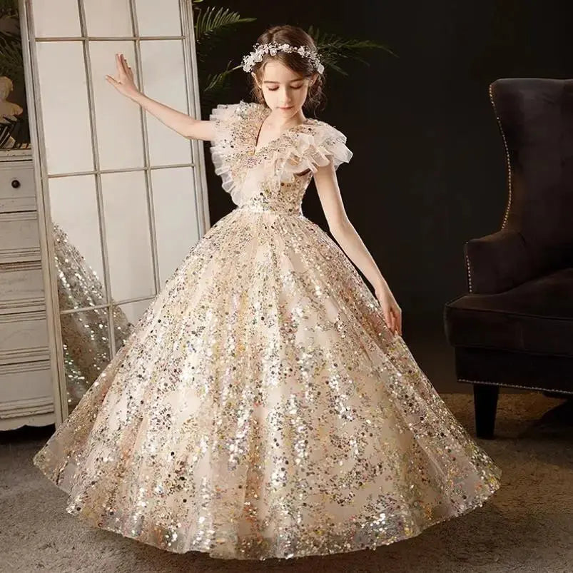 Princess Dress For Girls Kids Sequined Long Frock Children Catwalk Formal Evening Gown Teenagers Pageant Natalia Home Fashion    Natalia Home Fashion