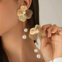 Romantic Flower Petal Long Tassel Drop Earrings for Women 2024 Trend Imitation Pearl Hanging Piercing Earrings Wed Jewelry Gift Natalia Home Fashion    Natalia Home Fashion