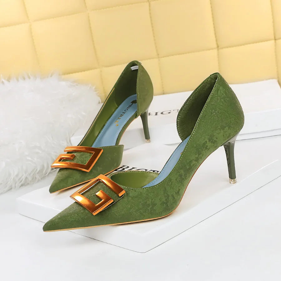 Metal Buckle Fashion High Heels Shoes Women Pumps Pointy Toe Soft Fabric Sexy Side Hollow Female Wedding Dress Shoe