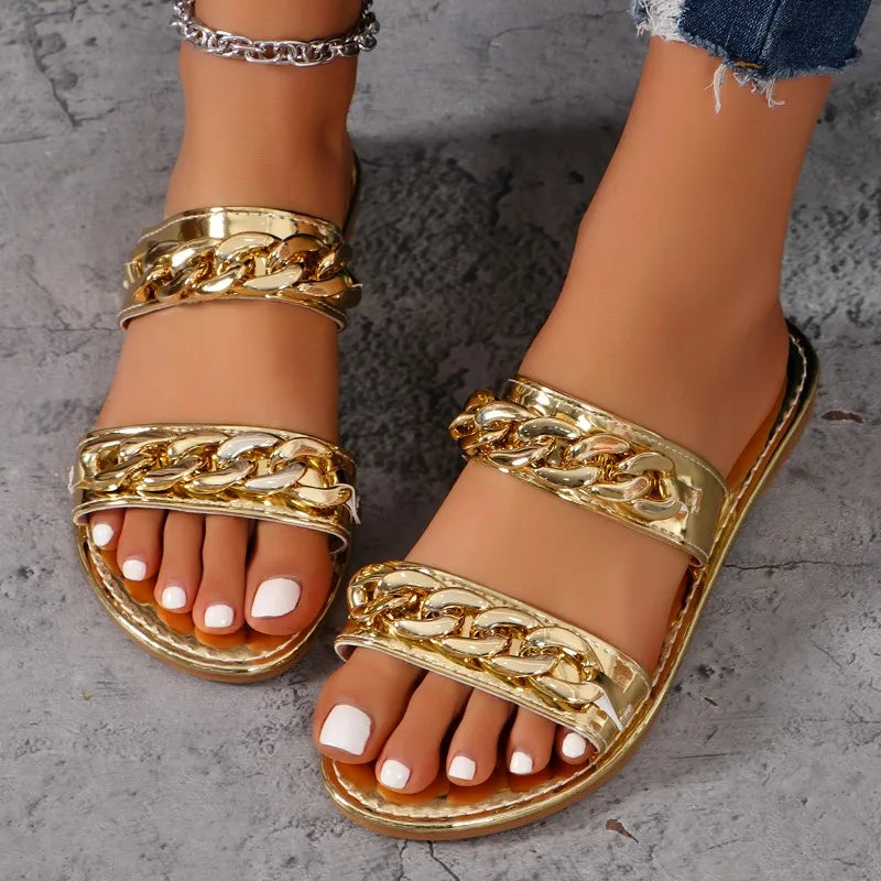 Women Slippers Summer Fashion Gold Sexy Elegant Flat Sandals Women Sandals Lightweight Comfortable Women Slippers Slides