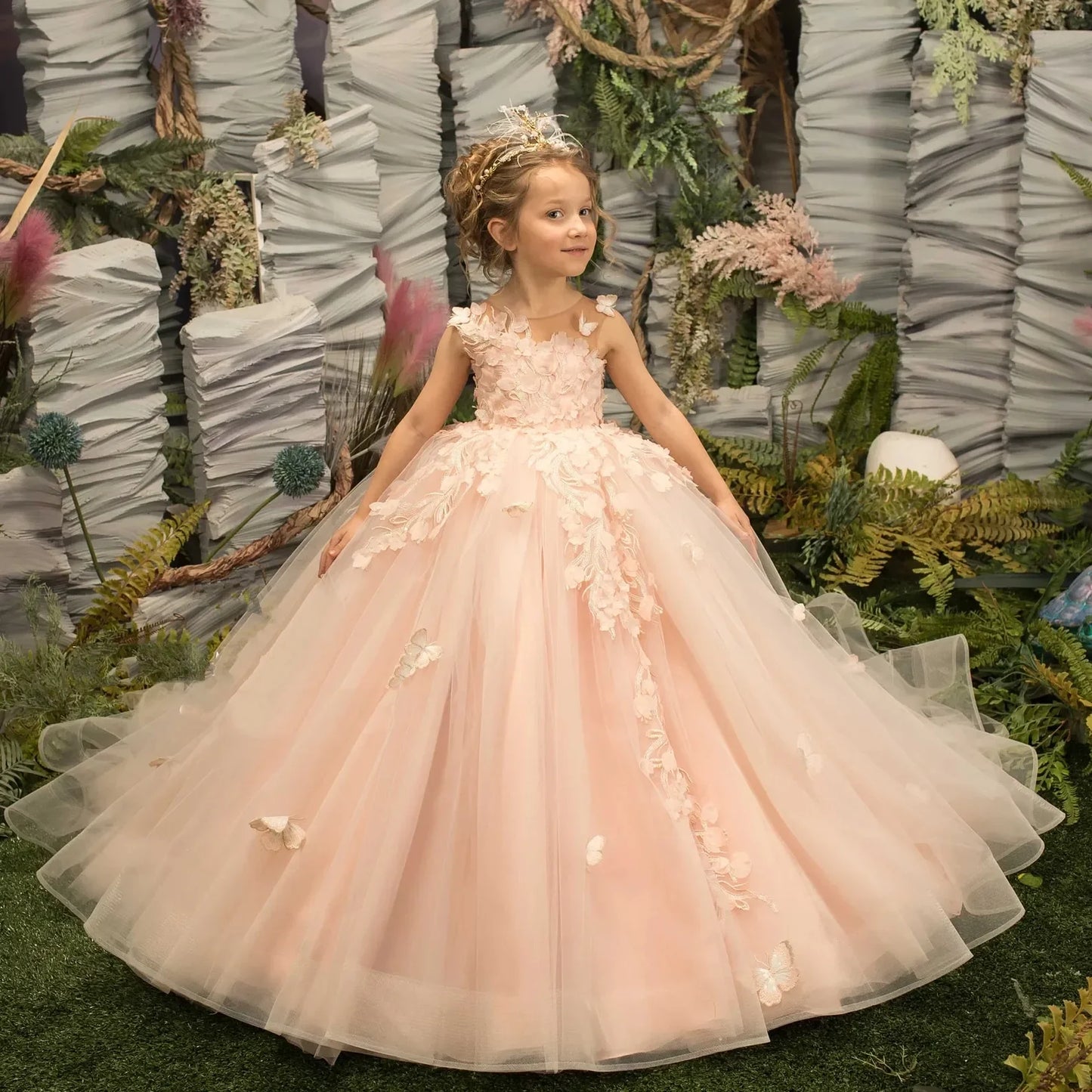 Peach Pink Flower Girl Dress Tulle Lace Ballgown First Communion Gown Little Baby Bridesmaid Wedding Dresses