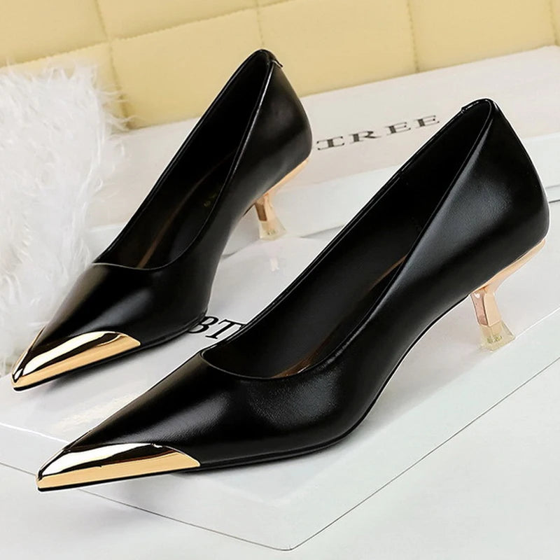 Retro High Heels Metal Pointed Tip Women Pumps Stiletto 9.5 Cm And 4.5cm Heels Sexy Party Shoes Office Shoes