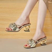 Camellia slippers fancy summer wear 2024 soft leather new line flower sandals open toe with half drag female Natalia Home Fashion    Natalia Home Fashion