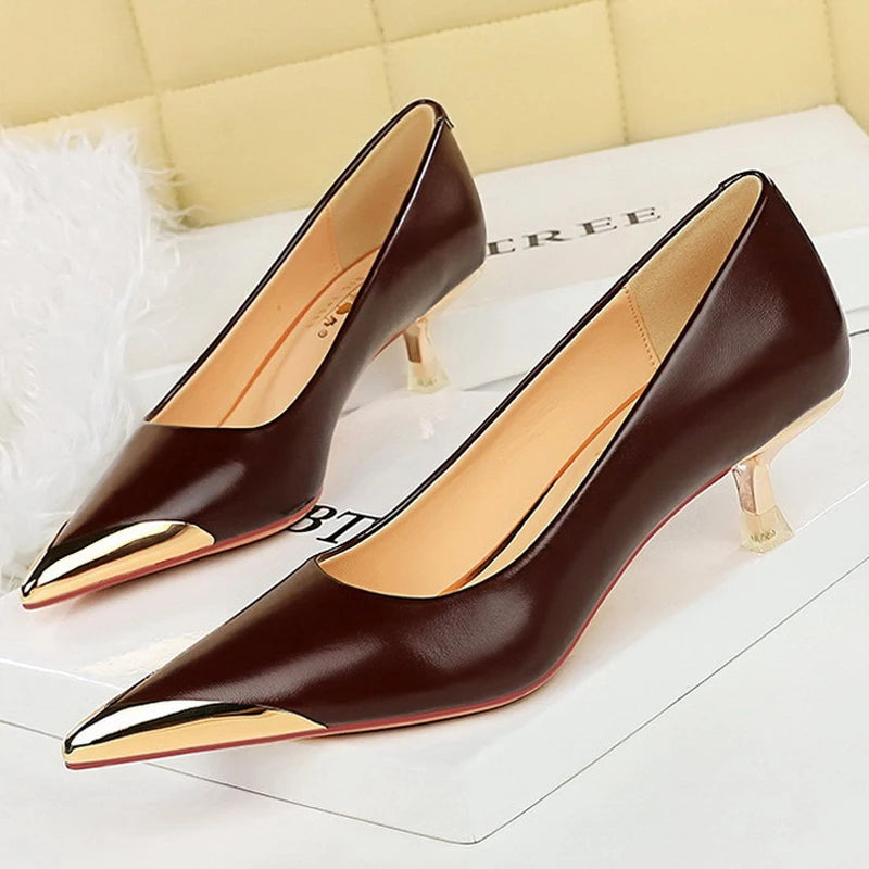 Retro High Heels Metal Pointed Tip Women Pumps Stiletto 9.5 Cm And 4.5cm Heels Sexy Party Shoes Office Shoes