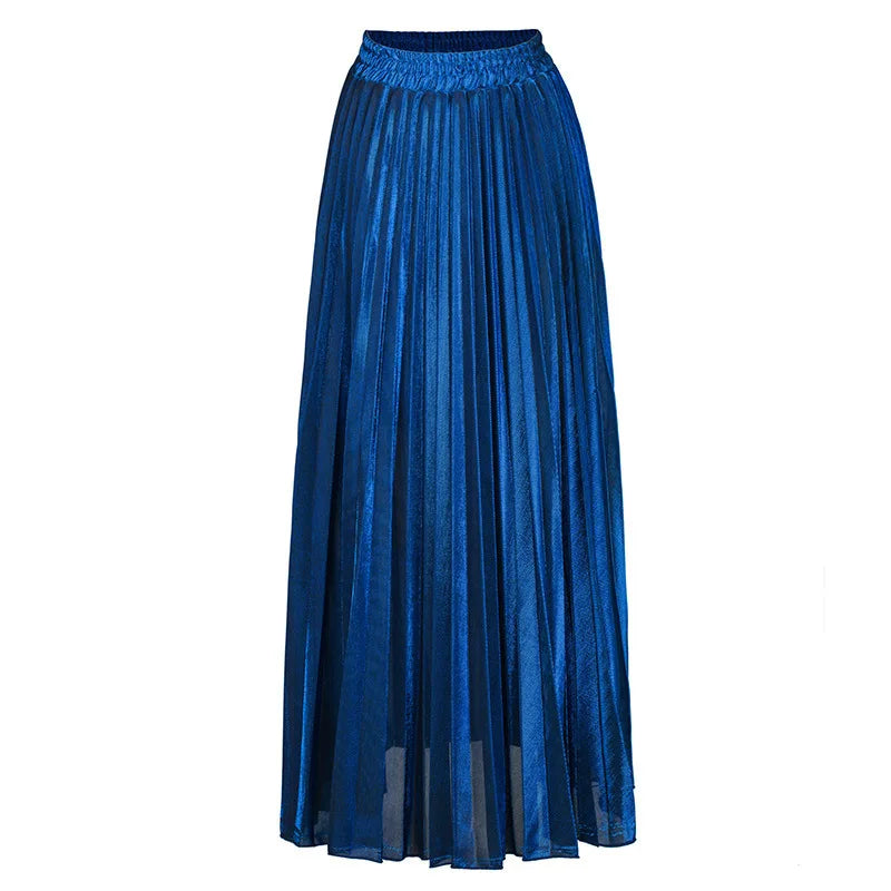 LANMREM 2024 new Spring fashion women clothes high waist A-line pleated sliver vintage elastic long halfbody skirt WH28501XL Natalia Home Fashion   blue-S Natalia Home Fashion