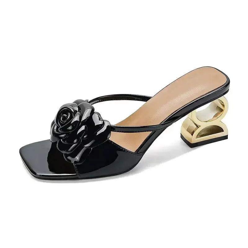 Camellia slippers fancy summer wear 2024 soft leather new line flower sandals open toe with half drag female Natalia Home Fashion   black-35 Natalia Home Fashion