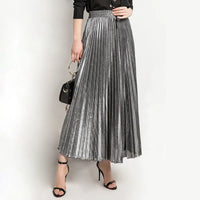 LANMREM 2024 new Spring fashion women clothes high waist A-line pleated sliver vintage elastic long halfbody skirt WH28501XL Natalia Home Fashion    Natalia Home Fashion