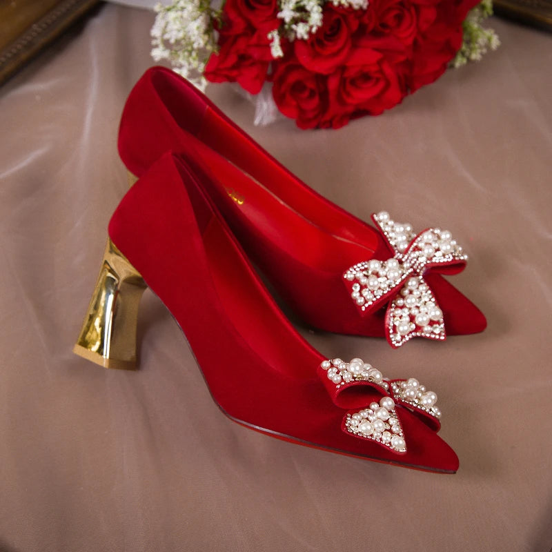 Rimocy Elegant Ladies Red Silk Wedding Bride Shoes Pearl Bowknot Pointed Toe Pumps Women Sexy Party Dress High Heels Shoes Woman