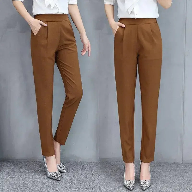 Women's High Waist Pants Spring and Summer Thin Stretch Women's Loose Trousers Casual Suit Pants Straight Office Ladies Clothes Natalia Home Fashion   Caramel-M Natalia Home Fashion