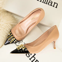 Women Lock Stud Patchwork Fashionable Pumps Shallow Mouth 6cm Mid Thin Heels Pumps Khaki Black Stilettos Leather