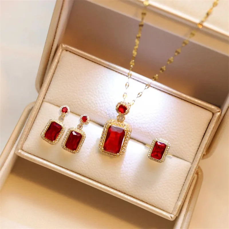 Women's Fashion Cubic Zirconia Necklace Earrings Ring Jewelry Set Girls Anniversary Wedding Valentine's Day Perfect Gift Natalia Home Fashion   50cm-CHINA-X288-red-resizable Natalia Home Fashion