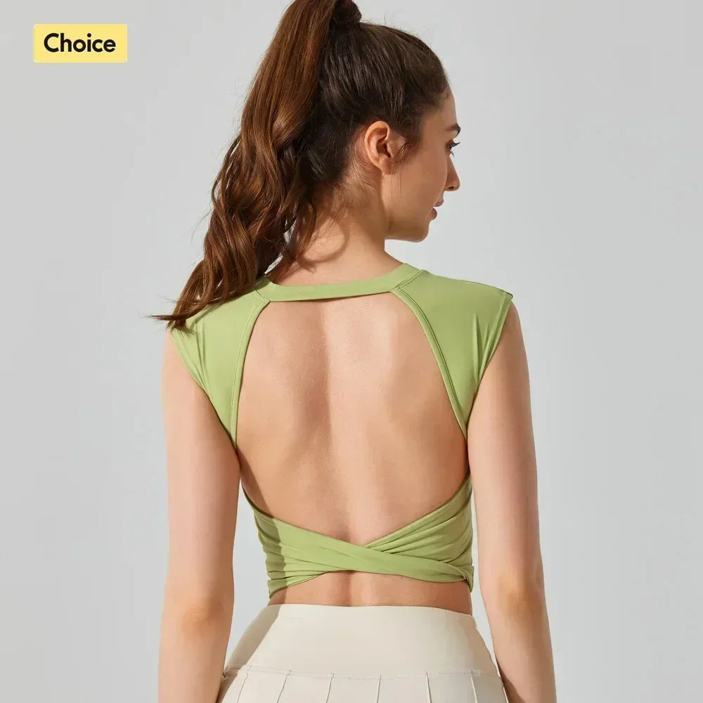 Sexy Backless Short-sleeved Summer Sports T-shirt Slim Waist Tank Top Fitness Vest with Fixed Chest Pad Yoga Clothes Natalia Home Fashion    Natalia Home Fashion