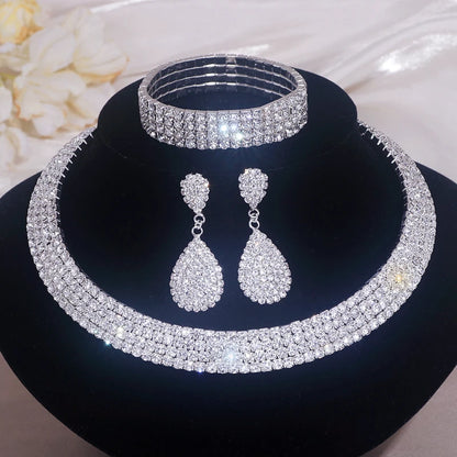 Luxury Round Rhinestone Necklace Set for Women Classic Silver Color Necklace Bracelet Earring Jewelry Set Bridal Wedding Jewelry Natalia Home Fashion   4-Lays-set Natalia Home Fashion