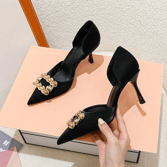 Leisure Rhinestone Square Buckle Extra Wide Hollow Sandals Pointed Head High Heel Single Shoes Women