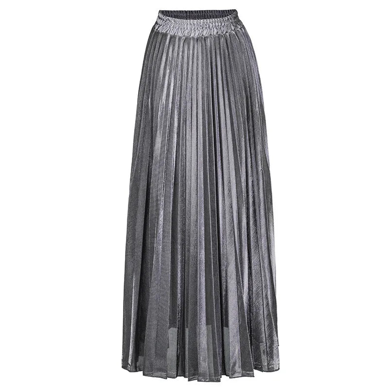 LANMREM 2024 new Spring fashion women clothes high waist A-line pleated sliver vintage elastic long halfbody skirt WH28501XL Natalia Home Fashion   Charismatic-Silver-L Natalia Home Fashion