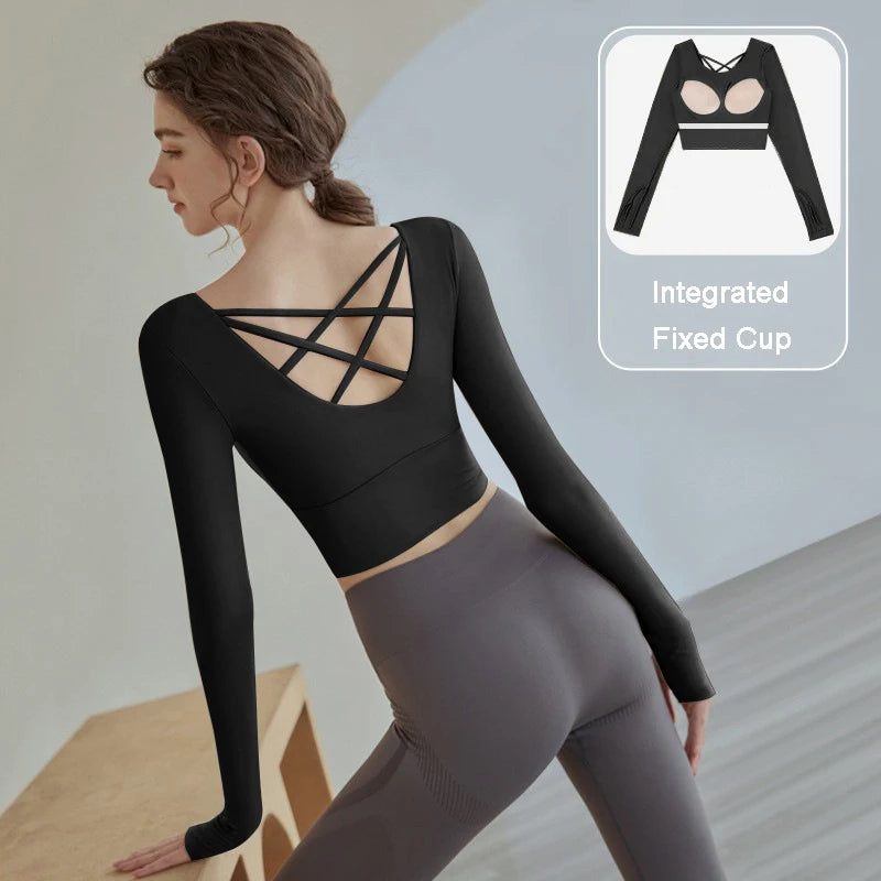 Women Long Sleeved Sports Shirt Beautiful Cross Back Yoga Wear Running Crop Top Sportswear With Chest Pad Fitness Gym Top Natalia Home Fashion   black-XXL Natalia Home Fashion