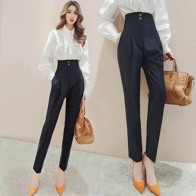 High Waisted Suit Pants for Women, Ankle Length Trousers, Vintage Clothing, British Style, Office Work, Spring and Autumn, 2024 Natalia Home Fashion    Natalia Home Fashion