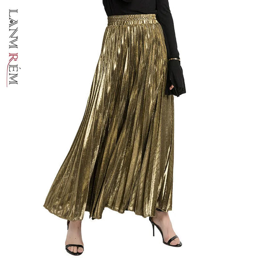 LANMREM 2024 new Spring fashion women clothes high waist A-line pleated sliver vintage elastic long halfbody skirt WH28501XL Natalia Home Fashion    Natalia Home Fashion