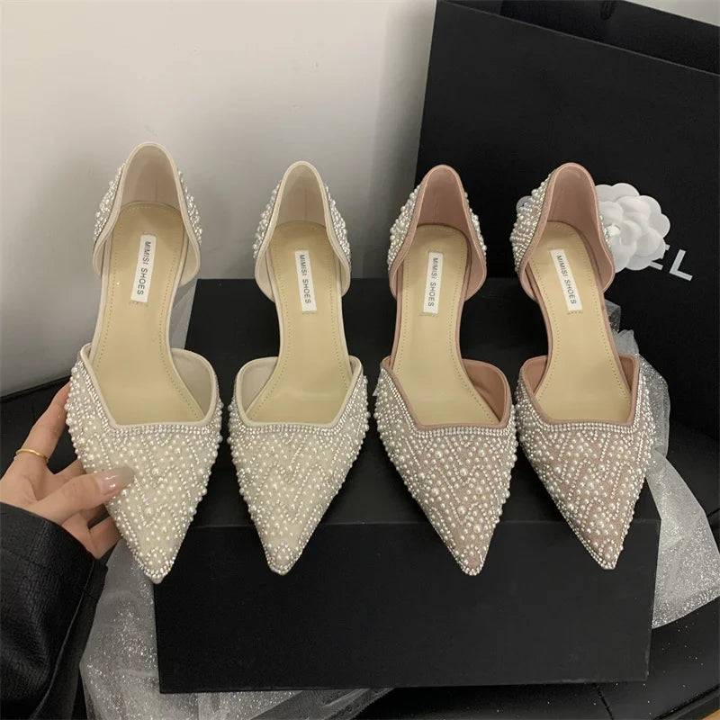 French Crystal Diamond Pearl Wedding Shoes Bridesmaid Shoes High Heels Female Pointy Mid heel Single Shoes Banquet