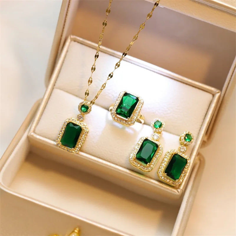 Women's Fashion Cubic Zirconia Necklace Earrings Ring Jewelry Set Girls Anniversary Wedding Valentine's Day Perfect Gift Natalia Home Fashion   50cm-CHINA-X287-green-resizable Natalia Home Fashion