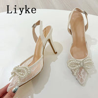 New Fashion Pearl Bowknot Mesh Pointed Toe White High Heels Sling back Sandal Sexy Back Buckle Strap Shoes Women Pumps