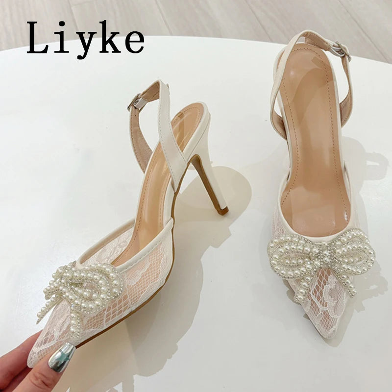 New Fashion Pearl Bowknot Mesh Pointed Toe White High Heels Sling back Sandal Sexy Back Buckle Strap Shoes Women Pumps