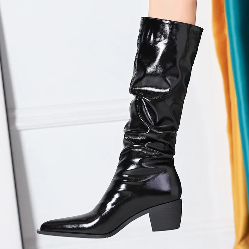 Patent Leather Women Knee-High Boots Thick Heel Women Boots Winter Boots Fashion High Boots Ladies Shoes