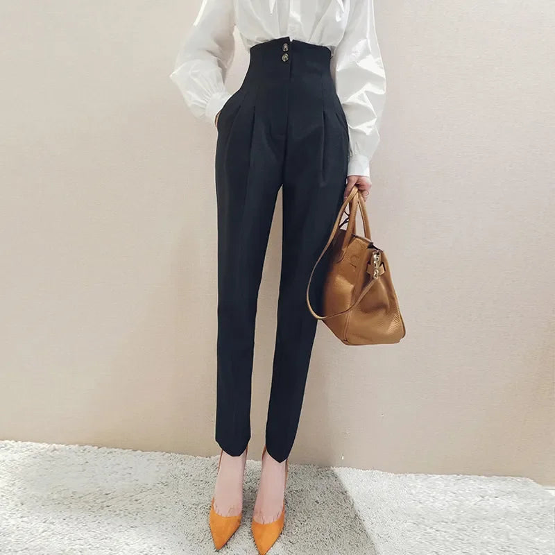 High Waisted Suit Pants for Women, Ankle Length Trousers, Vintage Clothing, British Style, Office Work, Spring and Autumn, 2024 Natalia Home Fashion   Black-S Natalia Home Fashion