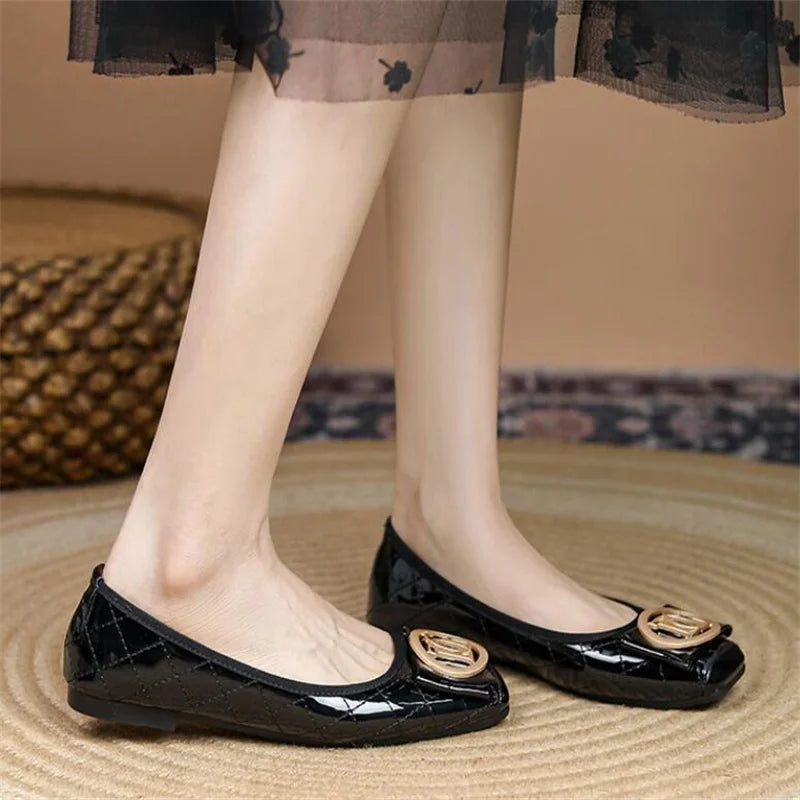 Women Black Leather Shoes Summer Breathable Work Flat Chunky Heel Soft Bottom Non-slip Large Size Women's Shoes