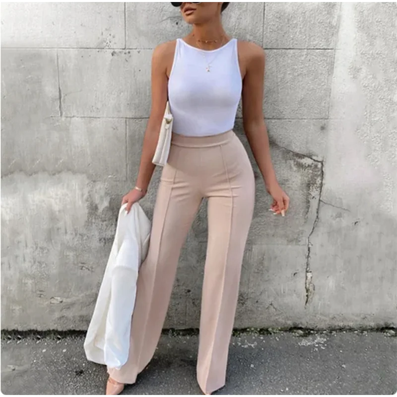 Women's Slim Bell-Bottoms Trousers Trendy Spring Autumn Pants Office Lady Solid Color Flared Trousers Natalia Home Fashion   Apricot-XXL Natalia Home Fashion