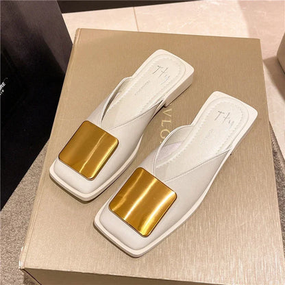 Women Slippers Brand Designer Fashion Metal Buckle Flat Heels Square Toe Shallow Shoes for Women Outdoor Slide Female Casual