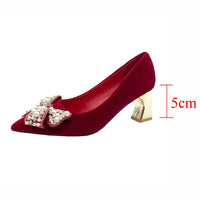 Rimocy Elegant Ladies Red Silk Wedding Bride Shoes Pearl Bowknot Pointed Toe Pumps Women Sexy Party Dress High Heels Shoes Woman