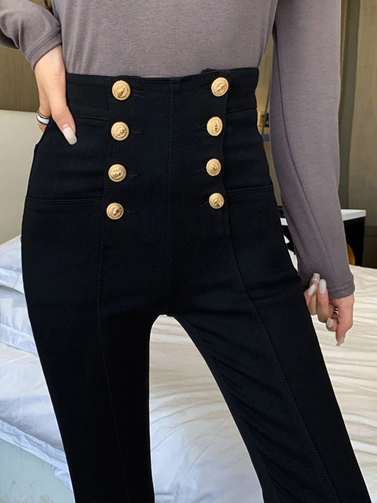 Fashion Women's Trousers 2022 Autumn New High-elastic Double-breasted Tight-fitting High-waisted Slimming Pants Women's Pants Natalia Home Fashion    Natalia Home Fashion