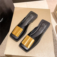 Women Slippers Brand Designer Fashion Metal Buckle Flat Heels Square Toe Shallow Shoes for Women Outdoor Slide Female Casual