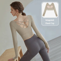 Women Long Sleeved Sports Shirt Beautiful Cross Back Yoga Wear Running Crop Top Sportswear With Chest Pad Fitness Gym Top Natalia Home Fashion   Apricot-XXL Natalia Home Fashion