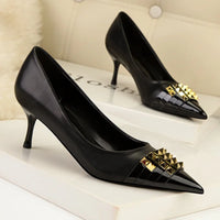 Women Lock Stud Patchwork Fashionable Pumps Shallow Mouth 6cm Mid Thin Heels Pumps Khaki Black Stilettos Leather