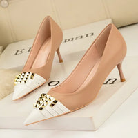 Women Lock Stud Patchwork Fashionable Pumps Shallow Mouth 6cm Mid Thin Heels Pumps Khaki Black Stilettos Leather