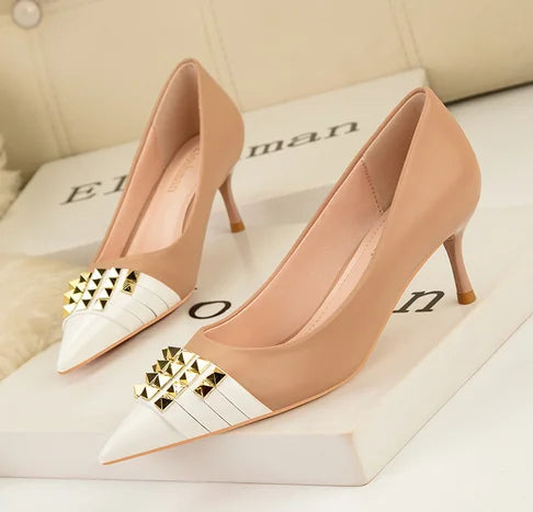 Women Lock Stud Patchwork Fashionable Pumps Shallow Mouth 6cm Mid Thin Heels Pumps Khaki Black Stilettos Leather