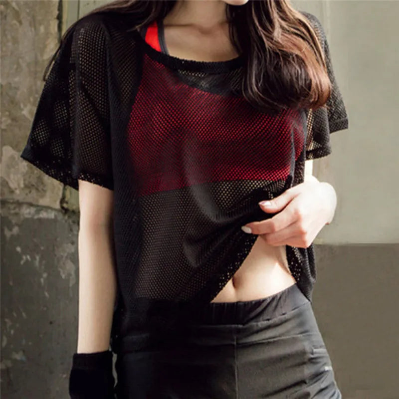 Women's Mesh Yoga Shirt Sexy Short Sleeve T-Shirt Sport Top Blouse Cover Up Quick Dry Gym Clothes Running Fitness Tank Sportwear Natalia Home Fashion   Black-M Natalia Home Fashion