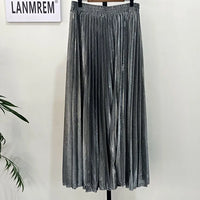 LANMREM 2024 new Spring fashion women clothes high waist A-line pleated sliver vintage elastic long halfbody skirt WH28501XL Natalia Home Fashion    Natalia Home Fashion