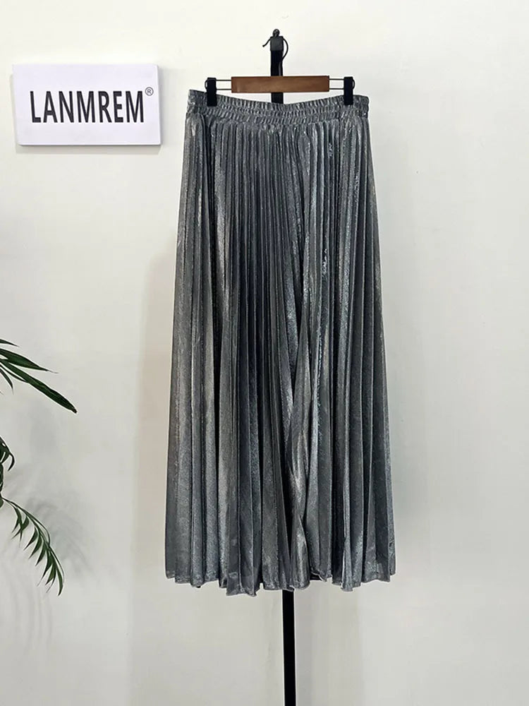 LANMREM 2024 new Spring fashion women clothes high waist A-line pleated sliver vintage elastic long halfbody skirt WH28501XL Natalia Home Fashion    Natalia Home Fashion