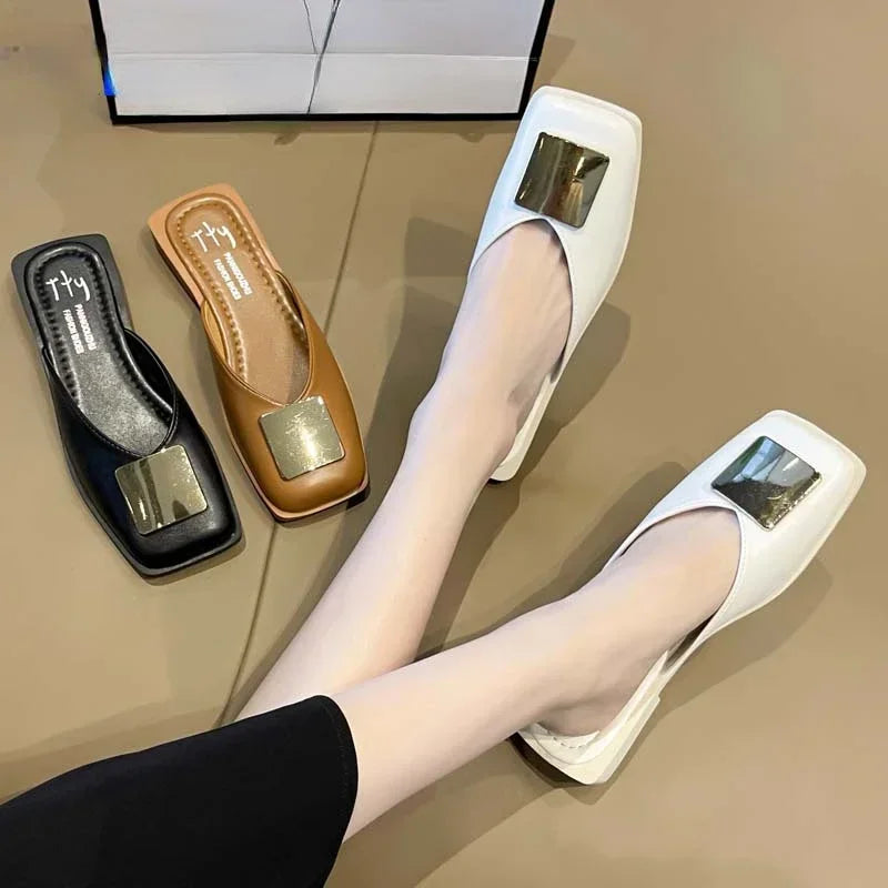 Women Slippers Brand Designer Fashion Metal Buckle Flat Heels Square Toe Shallow Shoes for Women Outdoor Slide Female Casual