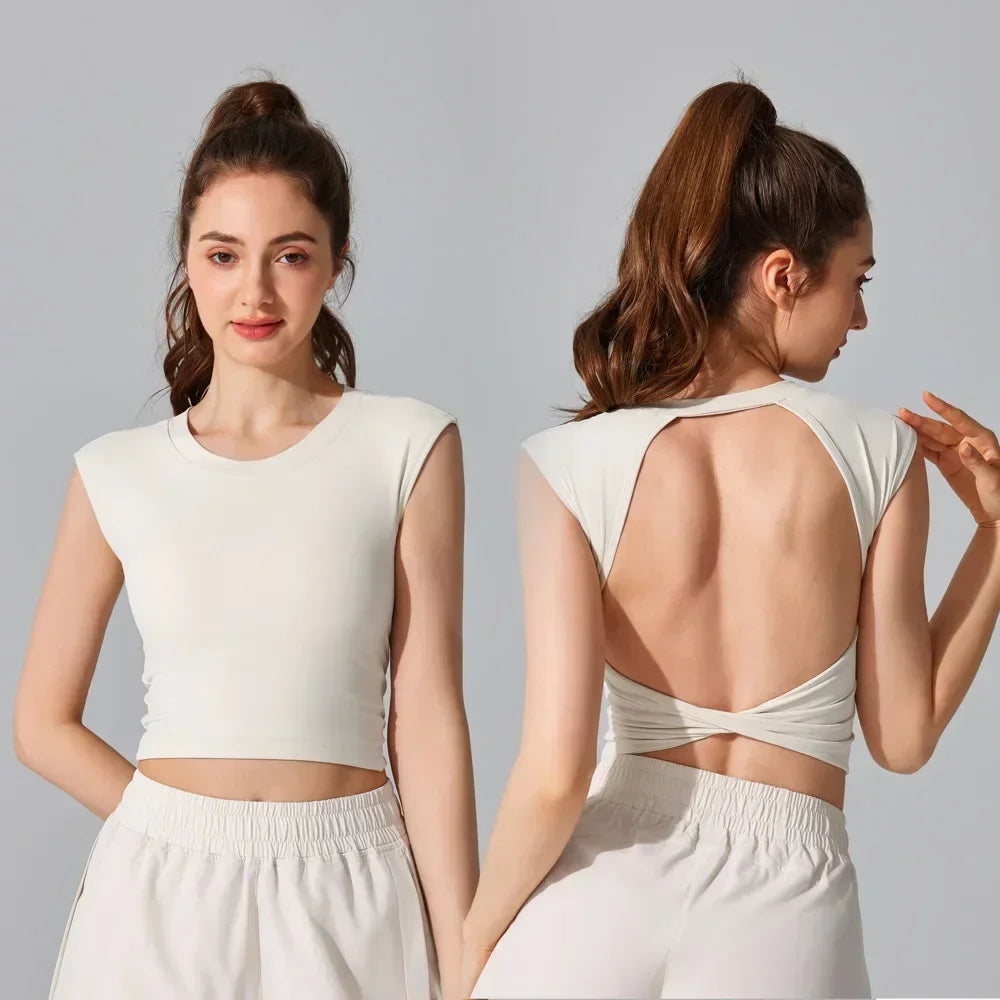 Sexy Backless Short-sleeved Summer Sports T-shirt Slim Waist Tank Top Fitness Vest with Fixed Chest Pad Yoga Clothes Natalia Home Fashion    Natalia Home Fashion