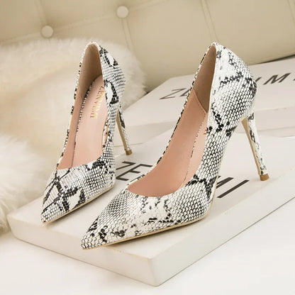 Sexy Snake Print 10CM high heels women luxury Fashion Pointed Toe Heeled sandals elegant Shallow Pumps Party Dress Shoes