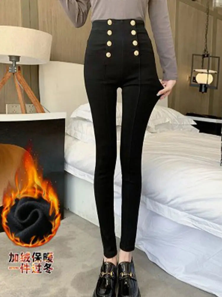 Fashion Women's Trousers 2022 Autumn New High-elastic Double-breasted Tight-fitting High-waisted Slimming Pants Women's Pants Natalia Home Fashion   Plus-velvet-M Natalia Home Fashion